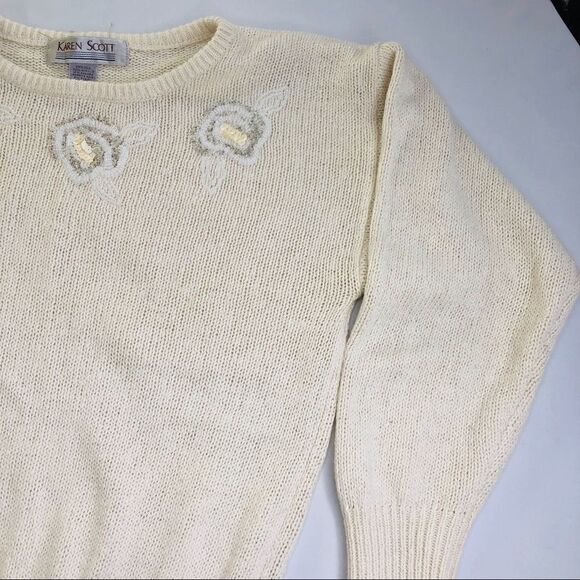 KAREN SCOTT🧶Beaded Sequin Long Sleeve Sweater Scoop Neck🧶Cream White Flowers - Picture 8 of 12